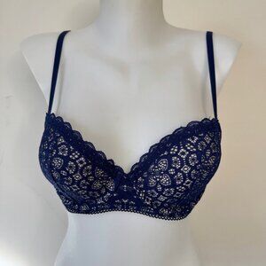 Victoria's Secret Bra Dream Angels Lined Demi Blue Lace Cottagecore Sz 32D
